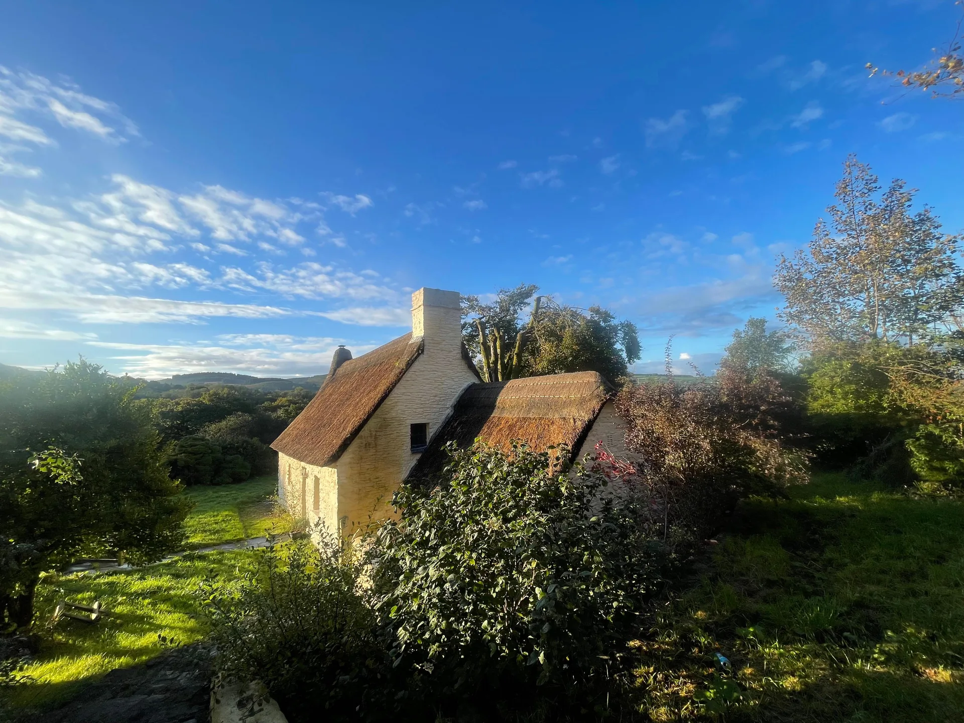 Robin's Realm thatched cottage under blue sky